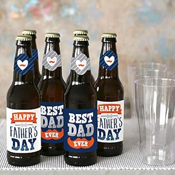 Big Dot of Happiness Happy Father's Day - We Love Dad Party Decorations for Women and Men - 6 Beer Bottle Label Stickers and 1 Carrier