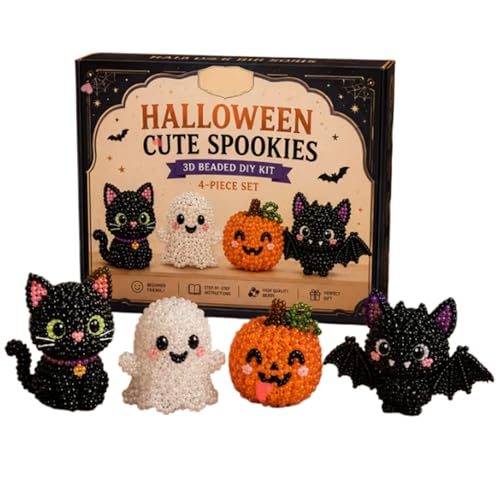 DIY Halloween Bead Embroidery Kit 4pcs 3D Halloween Ghost Bat Pumpkin Beading Crafts with Instructions Cute Bead Art for Adults Handmade Gift for Craft Enthusiasts
