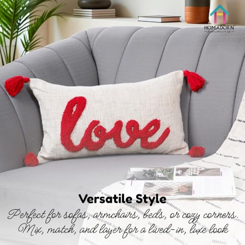 Image of HOMADORN 100% Cotton Text Pattern Handtufted /Embroided Decorative Cushion Cover (12X20 Inches) (1, Love RED)