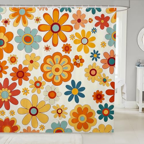 feelingyou 70er 80er Jahre Floral Duschvorhang Panel, Aquarell Rustikale Groovy Blumen wasserdichte Stoff Badezimmer Vorhang, Hippie Vintage Orange Gelb Teen Erwachsener Home Decor mit Haken, M Größe