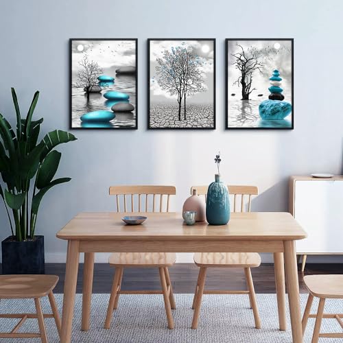 Large Black Framed Wall Art for Living Room Wall Decor for Office Bedroom Wall Decoration Blue Abstract Pictures Black and White Paintings Modern Room Aesthetic Home Decor 3 Piece Art Prints