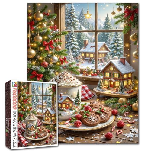 1000 Piece Jigsaw Puzzles for Adults Christmas Hot Chocolate Painting Jigsaw Puzzle 1000 Xmas Trees and Village Puzzles 20''x27”inch Winter Wonderland DIY Puzzle Art Wall Decor Family Challenging