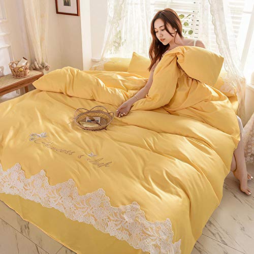Juegos de sábanas y fundas de almohada,Ropa de cama de verano de seda lavada de cuatro piezas estilo princesa verano frío hielo sábanas de seda edredón cubierta sueño desnudo sedoso-Amarillo brillant