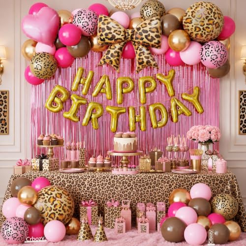 Image of 70Pcs Cheetah Print Birthday Decorations, Pink Brown Gold Leopard Balloons
