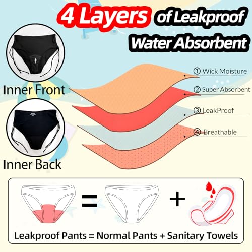 Period Pants for Women Swimming, High Waisted 4Ply Leakproof Bikini Menstrual Swimwear Bottoms for Girls Teens, Super Absorbent Quick Dry Swim Shorts for Beach Pool Black - Image 2