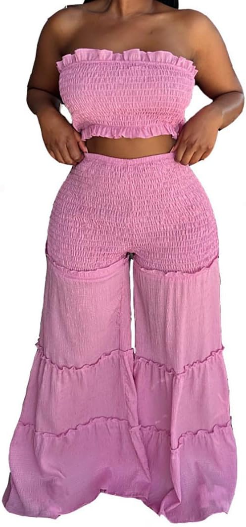 Yuopeid Women's Sexy 2 Piece Outfits Sleeveless Tube Crop Tops and Loose Wide Leg Pant Set