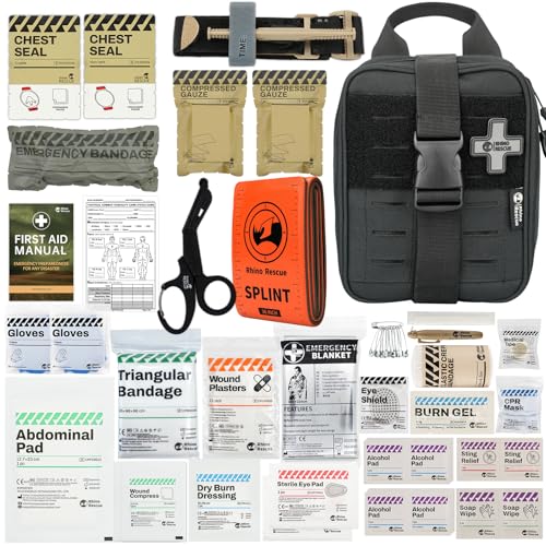 RHINO RESCUE IFAK, Erste-Hilfe-Kit, Trauma Notfallversorgung taktische mit Gaze und Bandage für Jagd, Camping, Reisen (Schwarz PRO)