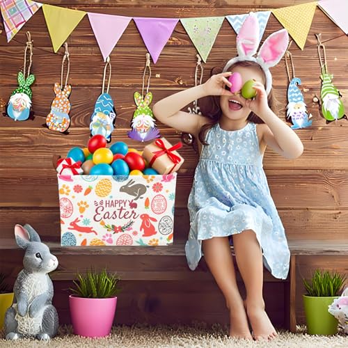 Image of Easter Basket for Kid Large Empty Rectangular Cute Easter Gift Storage Basket Bunny Eggs Decor (Rabbit Bohemia)