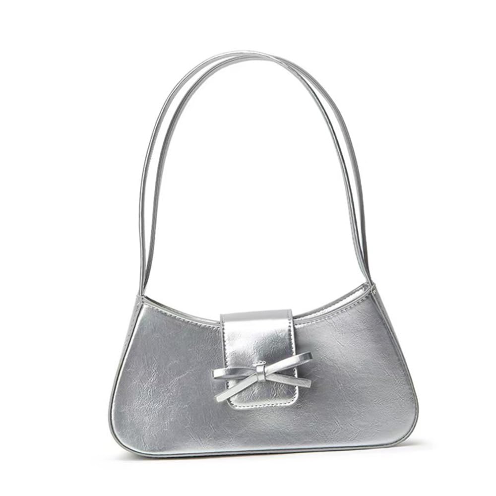 CaelumDecor New Sweet Bow purses for women-Handbag with Zipper Closure Clutch Purse Retro Trendy Underarm Bag Easy to Clean(Color:Silver)