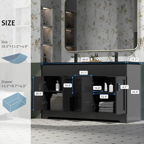 Image of eclife 60 inch Bathroom Vanities Sink Combo with Painted Surface, Modern Drawered Cabinet W /Decorative Wave Lines, Undermount Double Black Sink, Matte Black Faucet Drain, Black