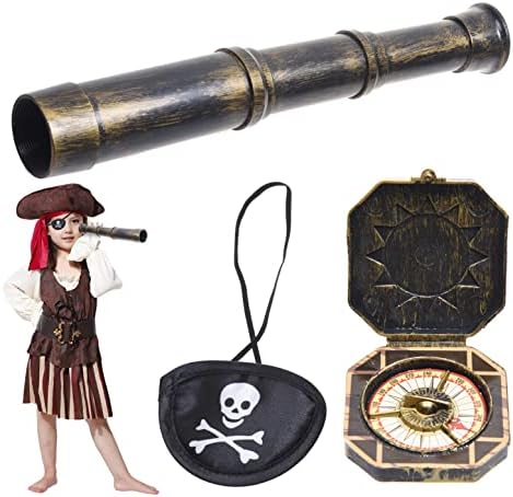 Cosplay Telescope and Compass Prop with Pirate Themed Eye Patch - Antique Retro Party Supply Accessory Decor - Vintage Treasure Spyglass Sundial Ship Captain Eye Patch for Themed Events Stage Plays
