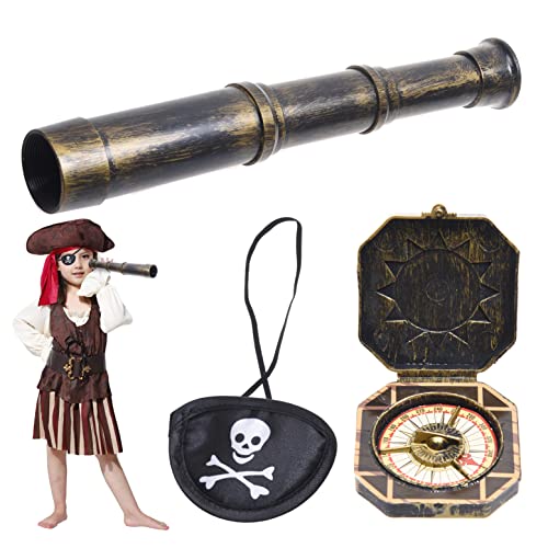Cosplay Telescope And Compass Prop With Pirate Themed Eye Patch - Antique Retro Party Supply Accessory Decor - Vintage Treasure Spyglass Sundial Ship Captain Eye Patch For Themed Events Stage Plays #TOP1