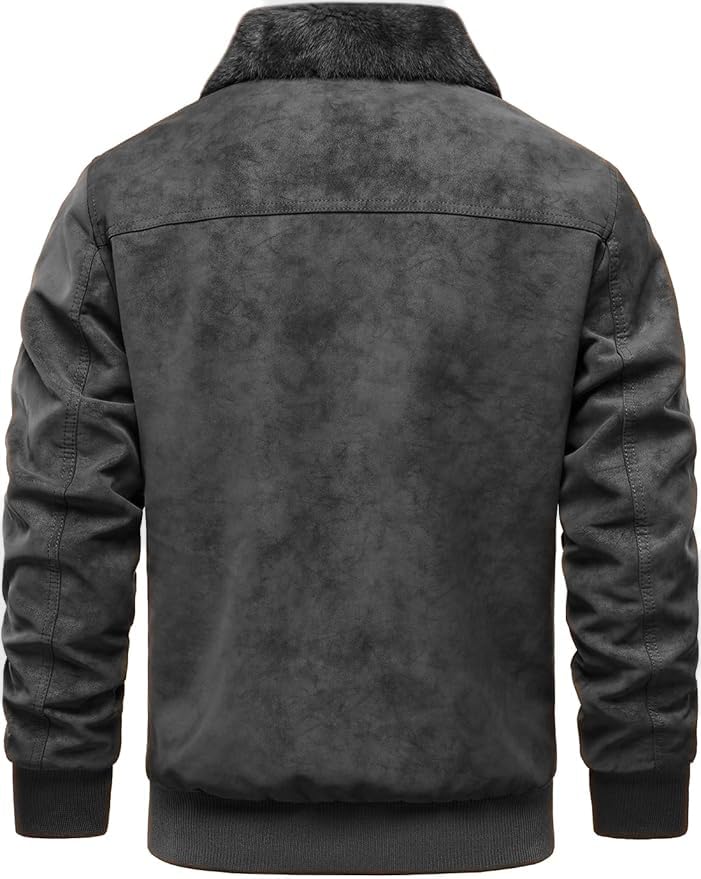 Image of Blaq Ash Men's Faux Suede Bomber Jacket, Fur Collar, Fleece Lining, Full-Zip