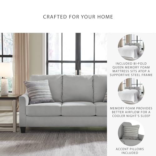 Signature Design by Ashley Adlai Casual 2-in-1 Queen Sofa Sleeper with Folding Memory Foam Mattress and 2 Toss Pillows, Light Gray