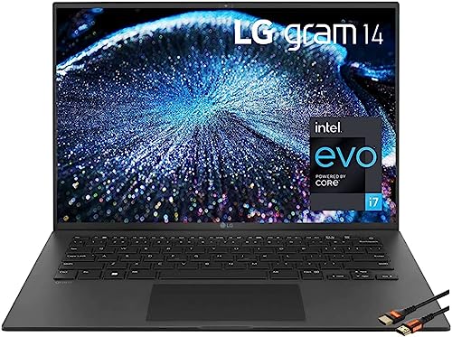 LG gram 14 Laptop Intel Evo Platform Core i7 Laptop| Windows 11| WQXGA IPS Display DCI-P3 99%| Backlit Keyboard| Two Thunderbolt4 USB Type C| Wi-Fi 6E| HDMI Cable(16GB RAM | 2TB SSD)
