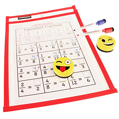 10 Reusable Worksheet Covers A4 Paper | Large Dry-Wipe Pockets 14x10 in. | PET Recyclable Ecological | 10 Colours, 10 Pens, 2 Rubbers and 2 Balloons | School Supplies, Stationery, Nursery, Playgroup