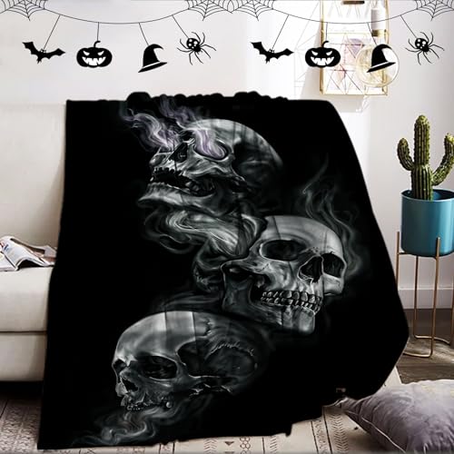 KXHHYB Plaid Halloween 130x150,Chauve-Souris citrouilles tête de Mort Flanelle Couverture Moelleuse araignées Webs Couverture Douillette pour canapé(crâne...