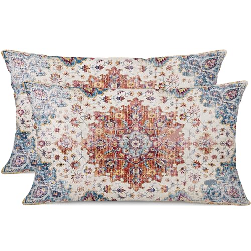 Gujiahone Outdoor Waterproof Pillow Set of 2 - 12 X 20 Inch Blue Orange Bohemian Vintage Carpet Pattern Ethnic Design Decorative Farmhouse Pillow Covers for Couch Garden Balcony