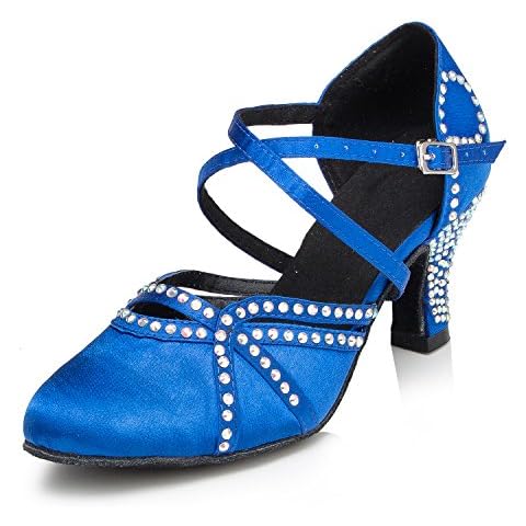 URVIP Women's Sequins Heels Pumps Modern Latin Tango Shoes Cross Ankle Strap Buckle Dance Shoes LD034 Blue 4 UK Cover