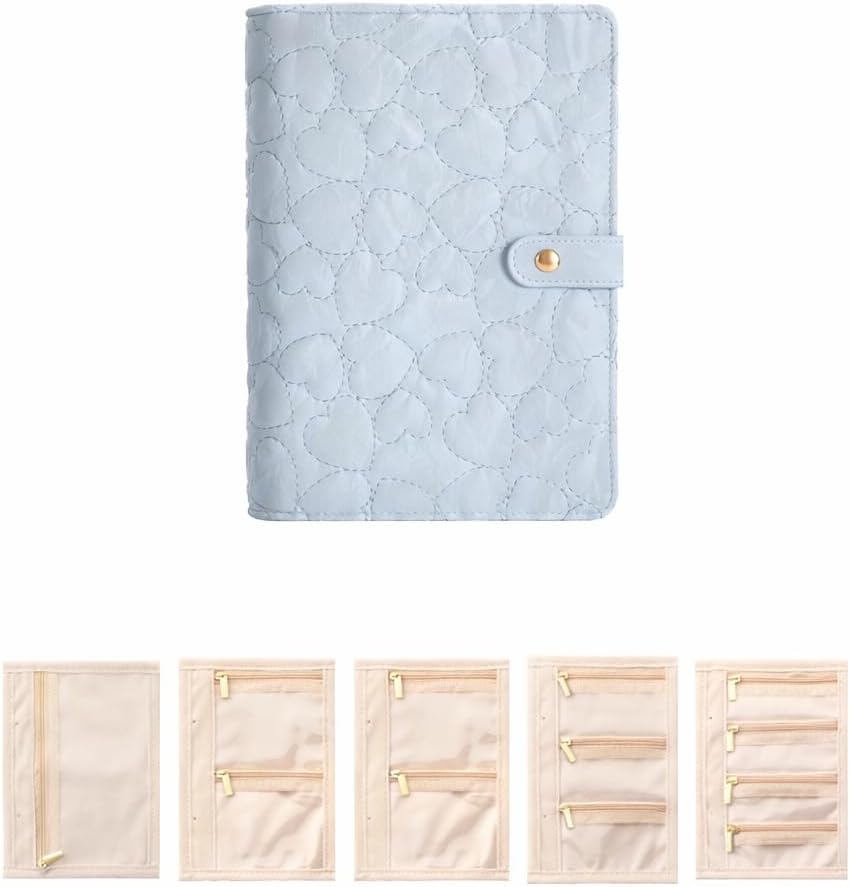 Black Travel Jewelry Organizer Case for Women & Girls, Portable Book-Style Jewelry Storage Binder with Clear Zipper Velvet Pouches for Bracelet, Necklace, Earring, Ring, Cute Hearts Jewelry Holder