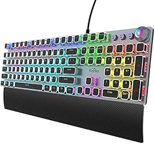 Fiodio Mechanical Gaming Keyboard, LED Rainbow Gaming Backlit, 104 Anti-ghosting Keys, Quick-Response Black Switches, Multimedia Control for PC and Desktop Computer, with Removable Hand Rest