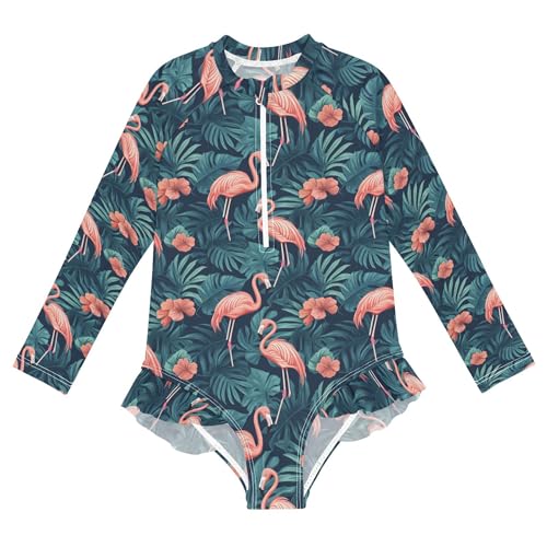 Pink Flamingo Girls Long Sleeve Rashguard Swimsuit UV Protection One-Piece Swimwear Bathing Suit B0404332