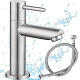 Cerkkapo Kaltwasserhahn Gäste WC, Edelstahl Wasserhahn Kaltwasser Waschbeckenarmatur mit Anschlussschlauch 80cm Schlauch 1/2, Wasserhahn Bad nur Kaltwasser, Einhebelmischer Waschbecken Armatur
