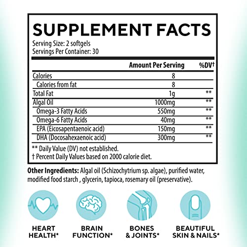 Vegan Omega 3 Dha & Epa Supplement - Algae Omega-3 Fatty Acids 1000Mg - Fish Oil Alternative For Heart, Brain, Joint, And Immune System Support (60 Count (Pack Of 1)) #TOP5