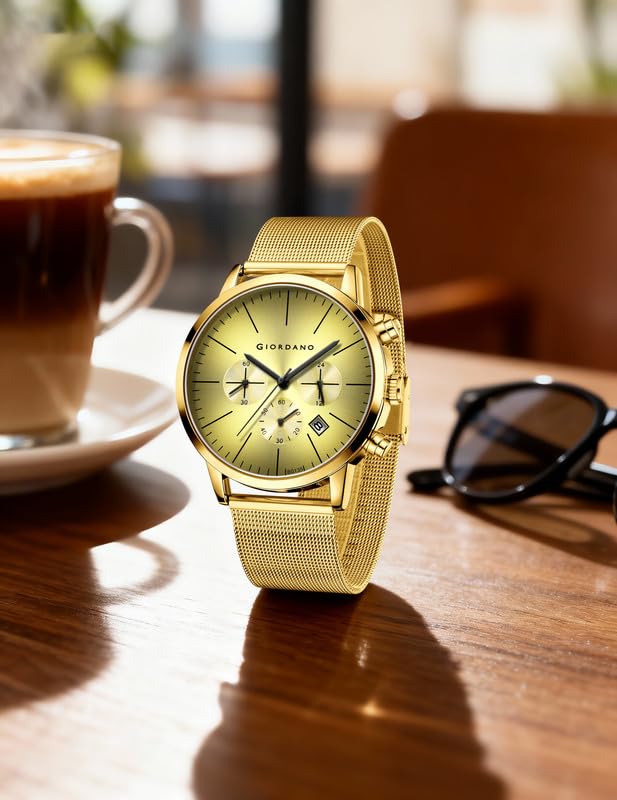 Image of Giordano Formal Chronograph Watch for Men with Round Dial, Mesh Metal Strap, and Date Display