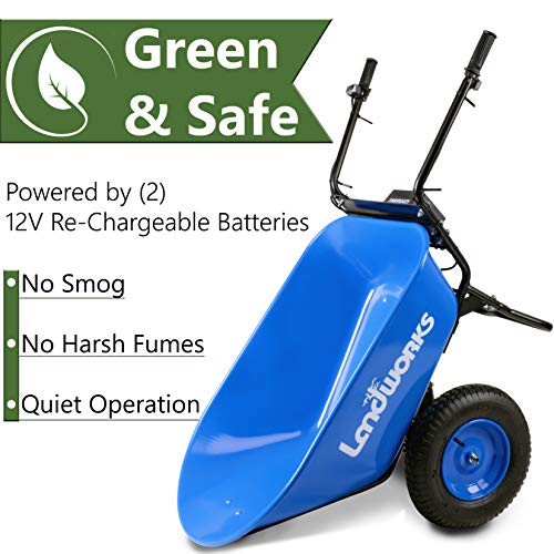Landworks Wheelbarrow Utility Cart Electric Powered 24V DC 180W AGM Battery 330lbs (150kgs) Max Capacity Barrel Dump Material Debris Hauler