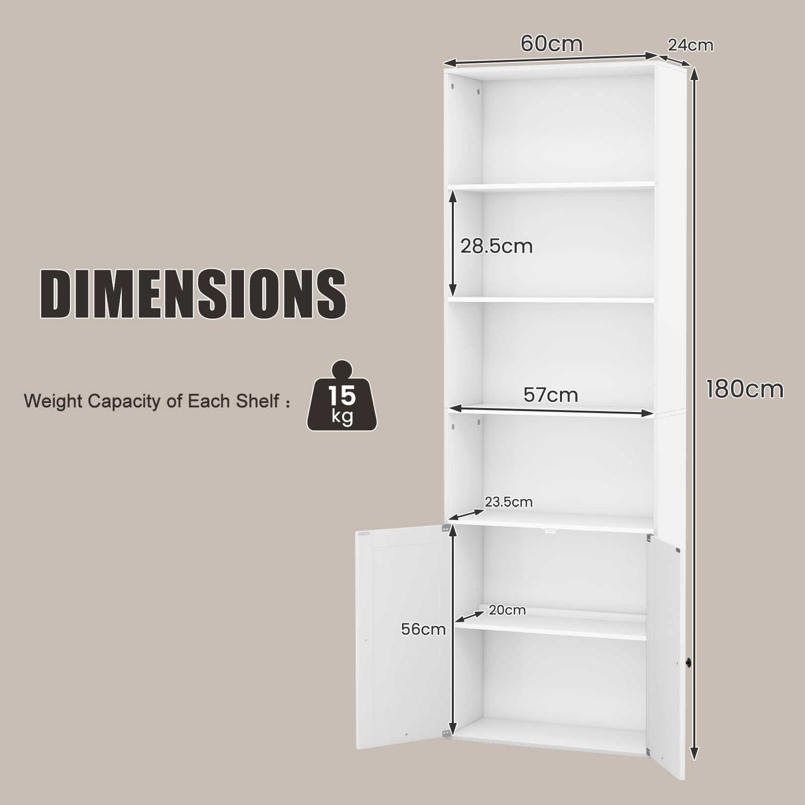 KOMFOTTEU Libreria Chiusa in Legno con Armadio a Ante, 6 Ripiani Aperti, Librerie Moderne con Ripiano Rimovibile, Libreria Scaffale, 60 x 24 x 180 cm, Bianco