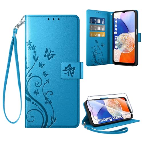 Coiwxmoi Funda para Samsung Galaxy A14 4G/5G + 1 Cristal Templado, Diseño Retro Premium PU Piel Carcasa, Plegable Tarjetas Magnético Carcasa Case para Samsung A14, Azul