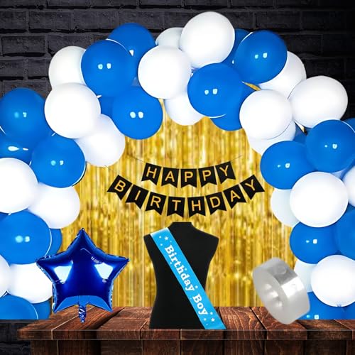 Image of KITTER Blue Birthday Boy Sash Birthday Decoration Set For Boys, With 1 Blue Star Foil Balloon, 2 Golden Foil Curtains, 20 Balloons (Blue & White), 1 Happy Birthday Banner, 1 Balloon Arch, Party Decor