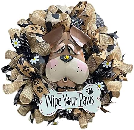 17.7 Inch Puppy Wreath Front Door, Welcome Hanging Dog Door Sign for Dog Lovers, Wipe Your Paws Farmhouse Decor for Front Door Porch,Year Round Decorative Dog Garland Front Door