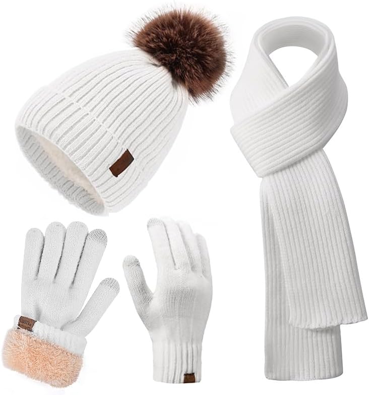 Winter Beanie Hat Scarf Gloves Set for Women, Classic Beanie with Removable Pom Pom Long Scarf Touchscreen Gloves 3 in 1 Set
