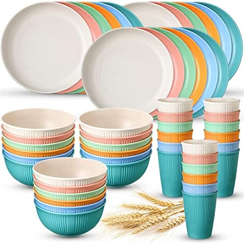 54 Pcs Wheat Straw Dinnerware Sets Unbreakable Dish Set for 18 Microwave Dishwasher Safe Reusable Wheat Straw Plate Cup and Bowl Set Lightweight Plastic Dishes for Kitchen, Camping, Picnic, RV, Dorm