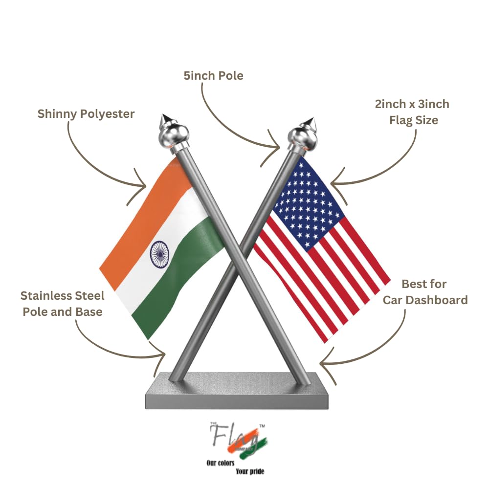 The Flag Company India & USA Car Dashboard Flag 2x3 Inch Premium Flags with Stainless Steel Pole & Base | Compact Dual Display for Car Interiors & Desks 1