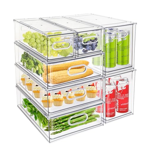 Image of Eanpet 7Pack Clear Fridge Drawer Organizer Pull out Bins Stackable Refrigerator Organizer Bins with Handle for Kitchen Cabinet Organization Divided Produce Saver Container for Fruit Veggie Egg