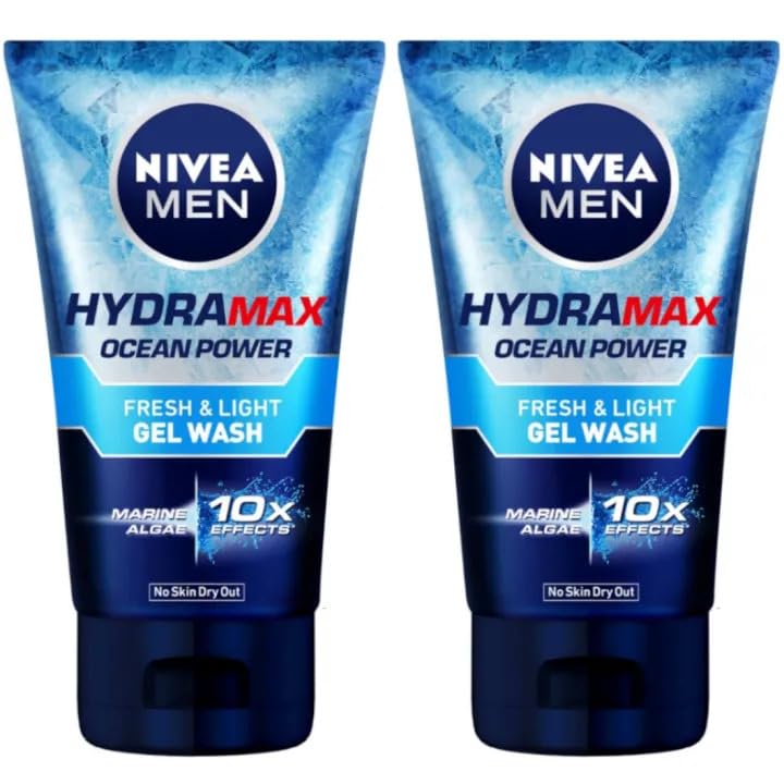 NIVEA Gel de lavado facial Hydra Max Ocean Power para hombre, 3.4 fl oz, limpieza profunda con vitamina E y mentol, combate el aceite, desobstruye