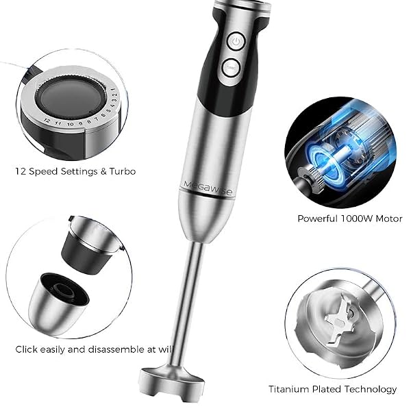 MegaWise Pro Titanium Reinforced 3-in-1 Immersion Hand Blender, Powerful Copper Motor with 80% Sharper Blades, 12-Speed Corded Blender, Including Dish Washer Safe Whisk and Milk Frother by MEGAWISE - Image 2