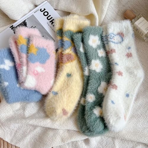 Soft Cute Fuzzy Socks for Women, Winter Cozy Casual Fluffy Sock Thickened Slipper Socks for Home, Outside, 5 Pairs, Size 5-94