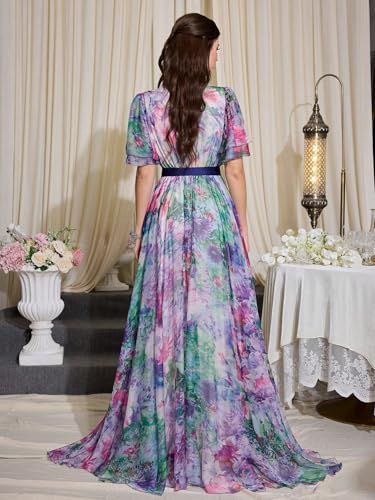 Image of TOLEEN Summer Casual Dresses for Women 2024 Spring Fashion Boho V Neck Long Sleeve Ruffle Floral Print Elegant Maxi Dress