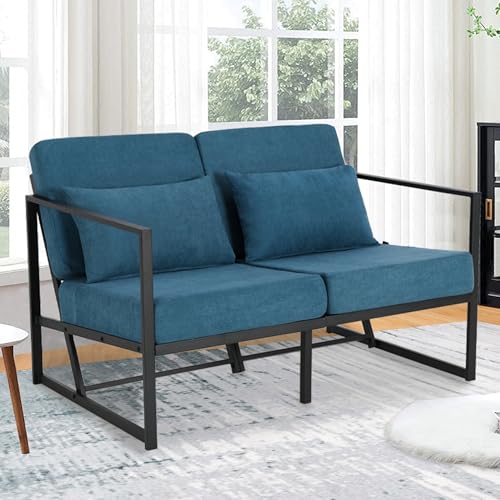 Mingone Divano 2 Posti in Tessuto Lino con Imbottito Design Moderno Divanetto con Braccioli con 2 Cuscini con Gambe in Metallo adatto a Soggiorni Camere da Letto Camere Degli Ospiti, Blu