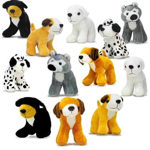4E's Novelty Plush Dogs Animals (12 Pack) Assorted Stuffed Puppies - 5 Inches, Small Plushed Animals, 6 Designs - for Birthday Party Favors Gifts for Kids