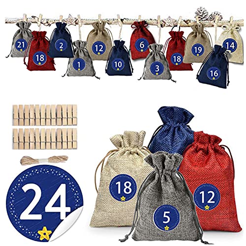PhénixDN 24 Sachet Calendrier Noel Remplir, Calendrier de l'Avent-Sac en Tissu, Sac Cadeau De Noël DIY, Calendrier de l'avent Tissu Remplir, Sacs Cadeau Avec24 Étiquettes en Bois et 24 Pinces en Bois Cover