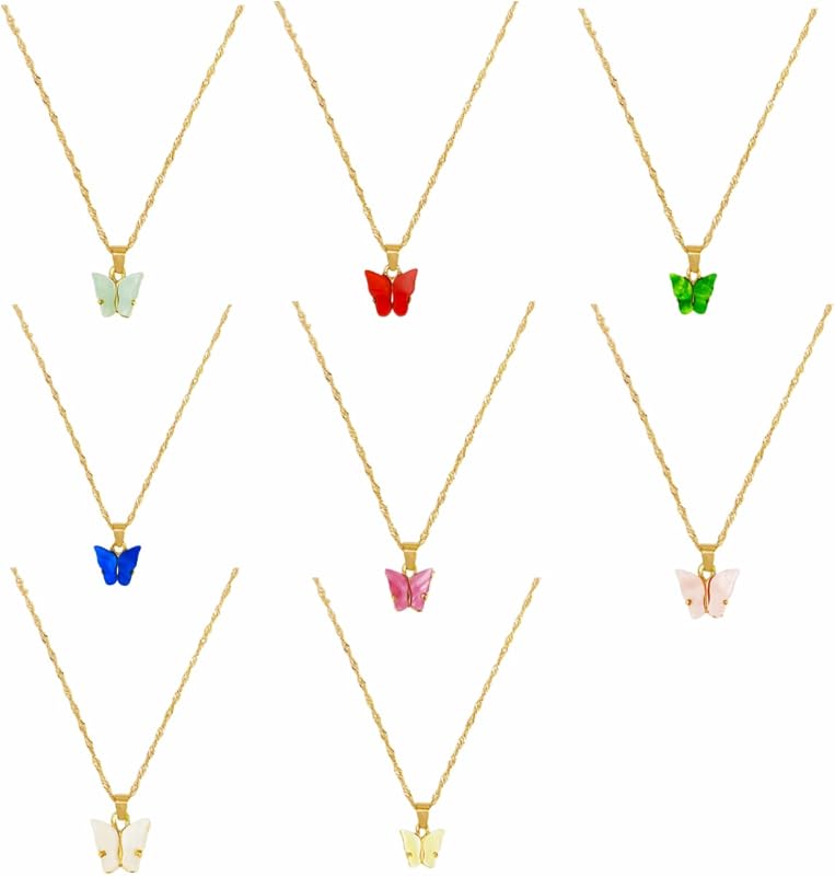 8PCS Butterfly Pendant Necklace Set for Women, Cute Colorful Acrylic Butterfly Choker & Layered Chain Jewelry, Trendy Gift for Her, Birthday Valentine’s Day Gift (Lightweight, Hypoallergenic)