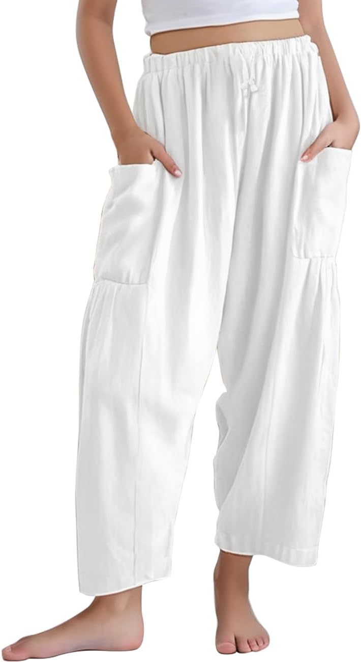 Noomelfish Girls Linen Wide Leg Pants Cute Loose Palazzo Harem Trouser with Pockets (5-12 Years)