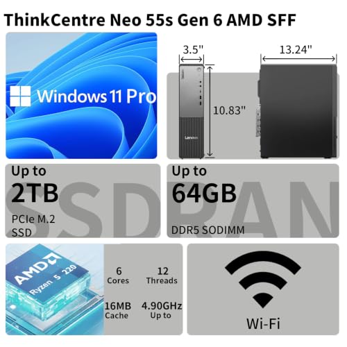 Image of Lenovo ThinkCentre Neo 55s Business SFF Desktop, AMD Ryzen 5 220 up to 4.9 GHz, 16GB DDR5, 512GB SSD, Support 2-Monitor 4K, HDMI, DP, Wired KB & Mouse, Wi-Fi 6, Windows 11 Pro, External DVD Bundle