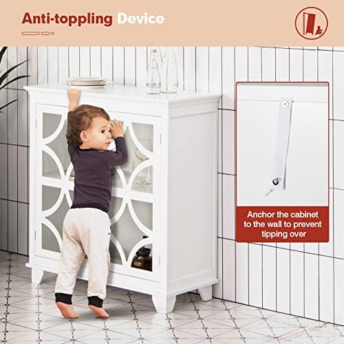 COSTWAY Buffet Sideboard, 2 Glass Door Wooden Storage Cabinet with Adjustable Shelf, Console Cupboard Display Organiser Unit for Home Kitchen Living Room (Arc Pattern, White)