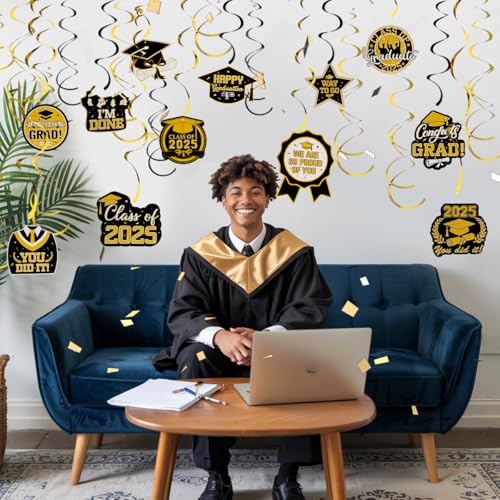 Image of Graduation Hanging Swirls, 30 PCS Graduation Decorations Class of 2025, Black and Gold Graduations Party Decoration Congrats Grad Hanging Swirls Ceiling Streamers for School Graduations Party Supplies